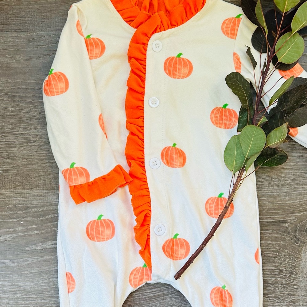 Pumpkin Print Baby Onesie with Orange Ruffle
